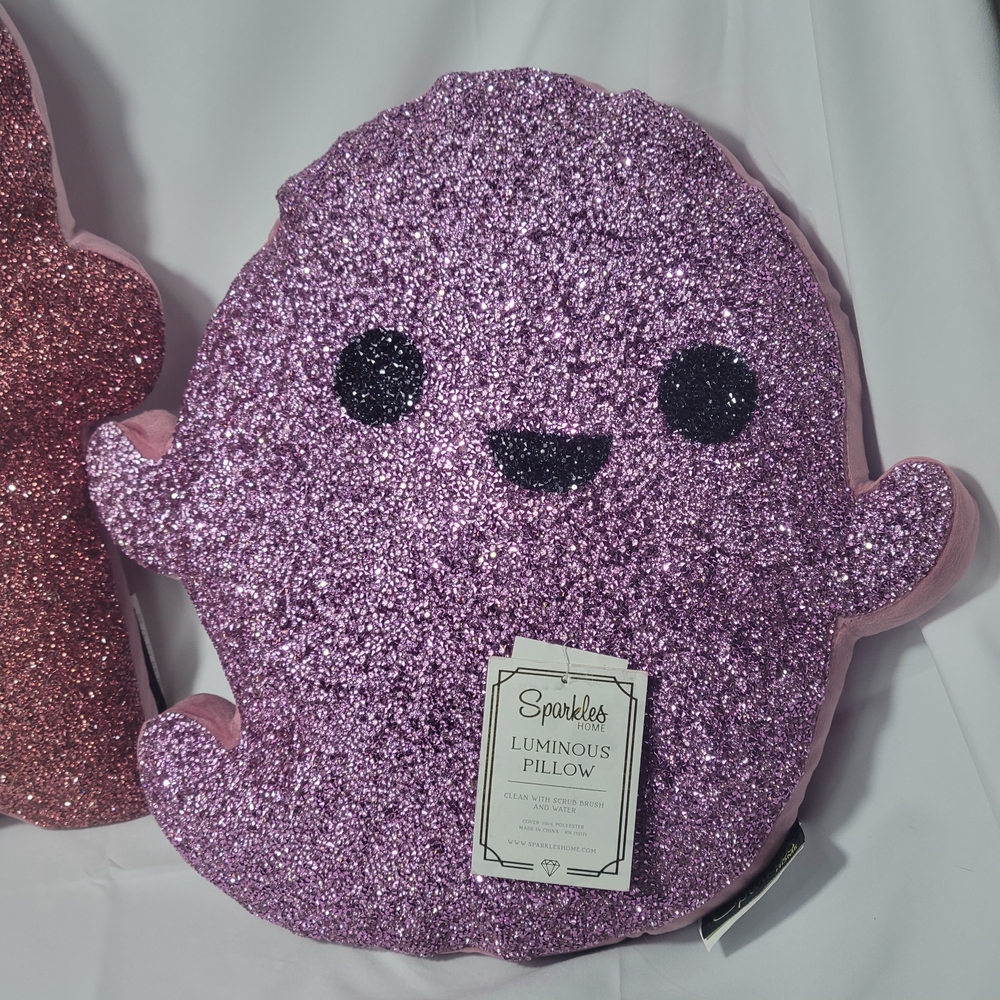 2 Sparkles Friendly Ghost Shaped Pink Rhinestone Pillow Set Halloween - Picture 2 of 15